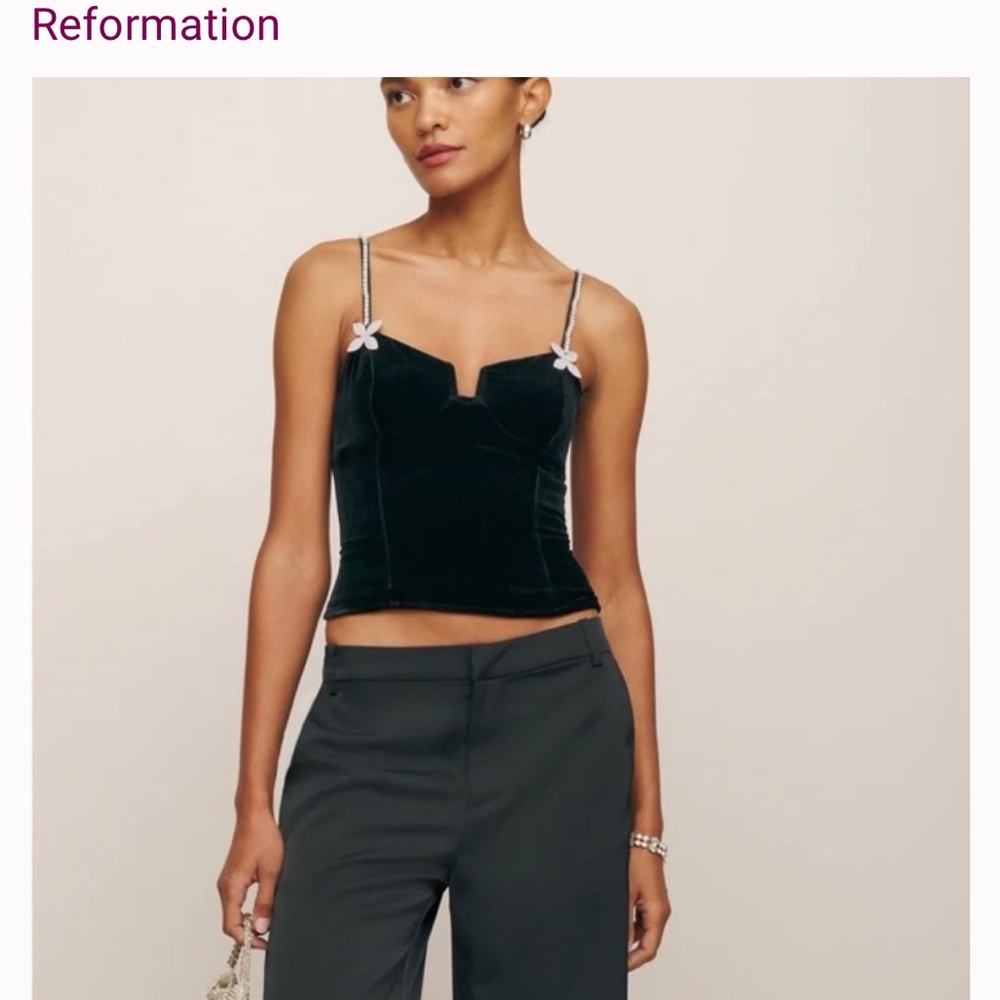 Reformation Black Velvet Camisole with Embellished Straps
